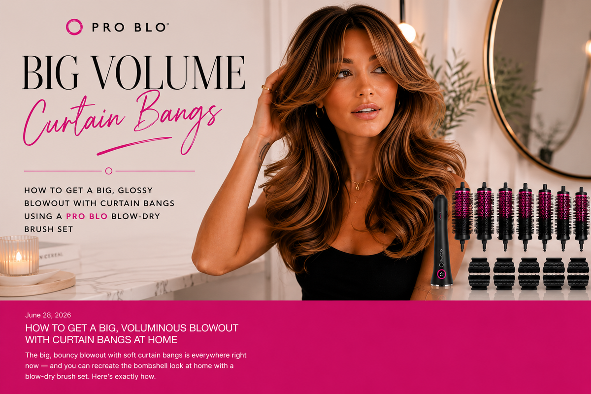 Big voluminous blowout with curtain bangs styled using a CurlME blow-dry brush set