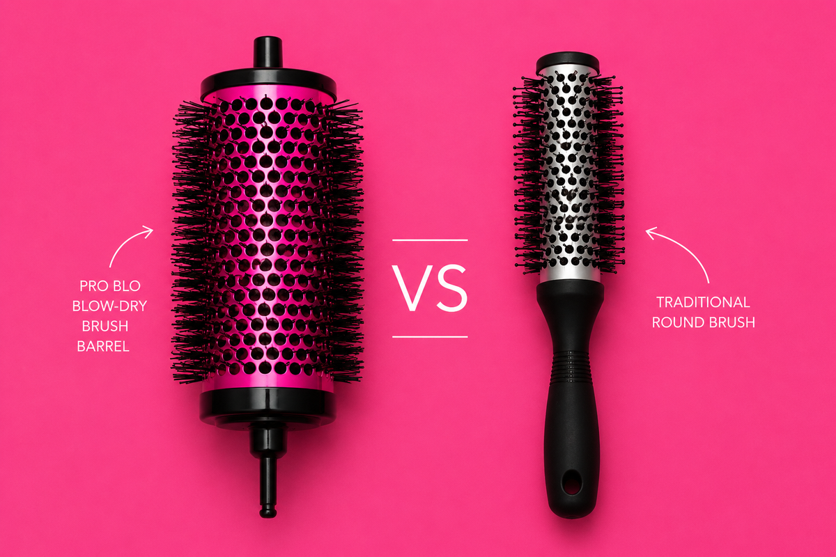 CurlME blow-dry brush barrel next to a traditional round brush