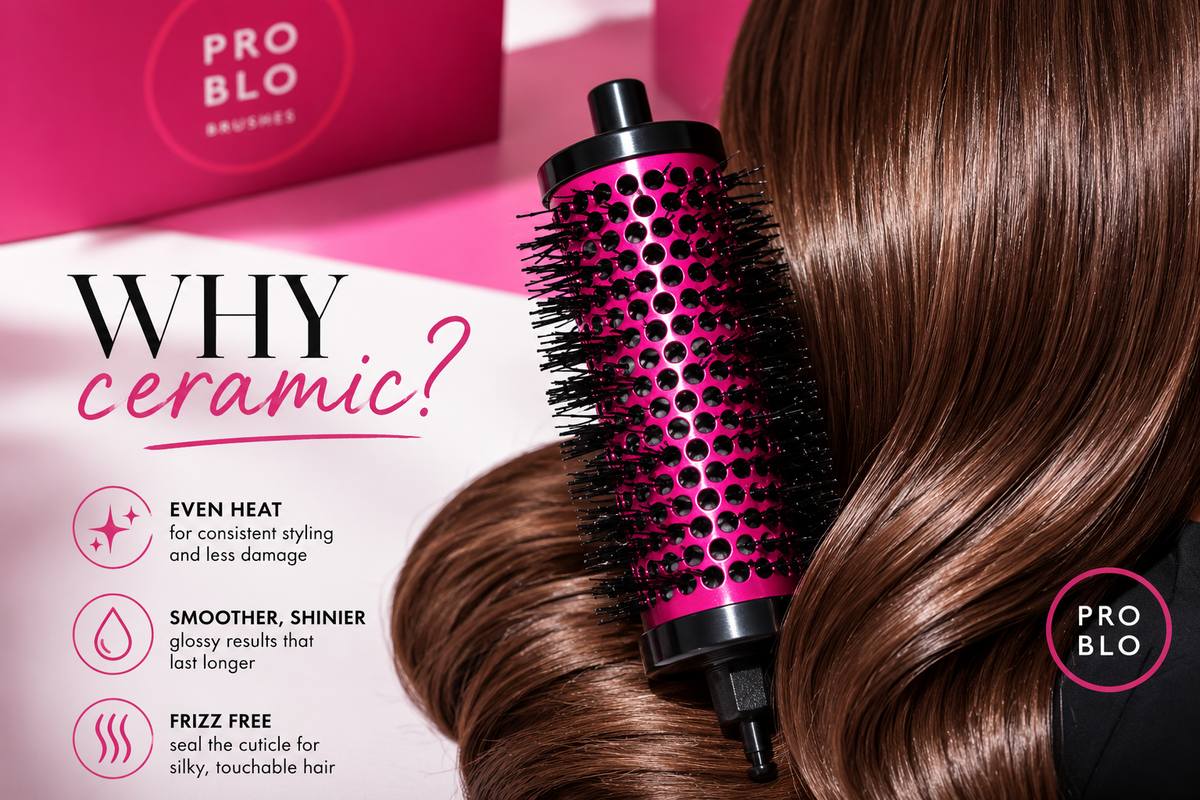 The Blowout Authority ceramic blow-dry brush barrel and glossy smooth hair