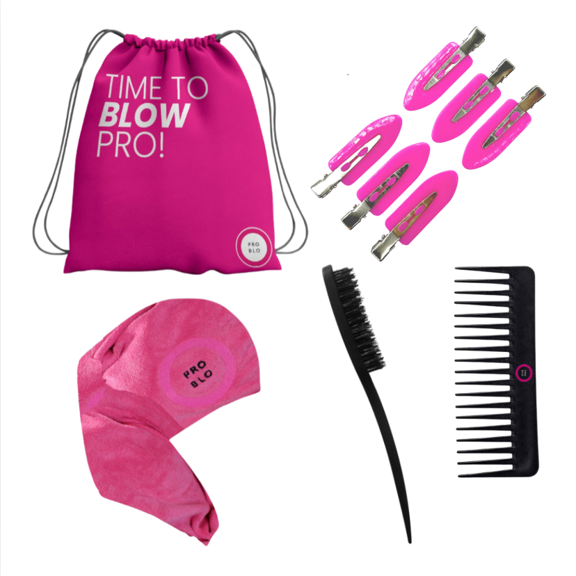 Pro Blo Prep & Finish Bundle with microfibre towel, brush, comb and clips